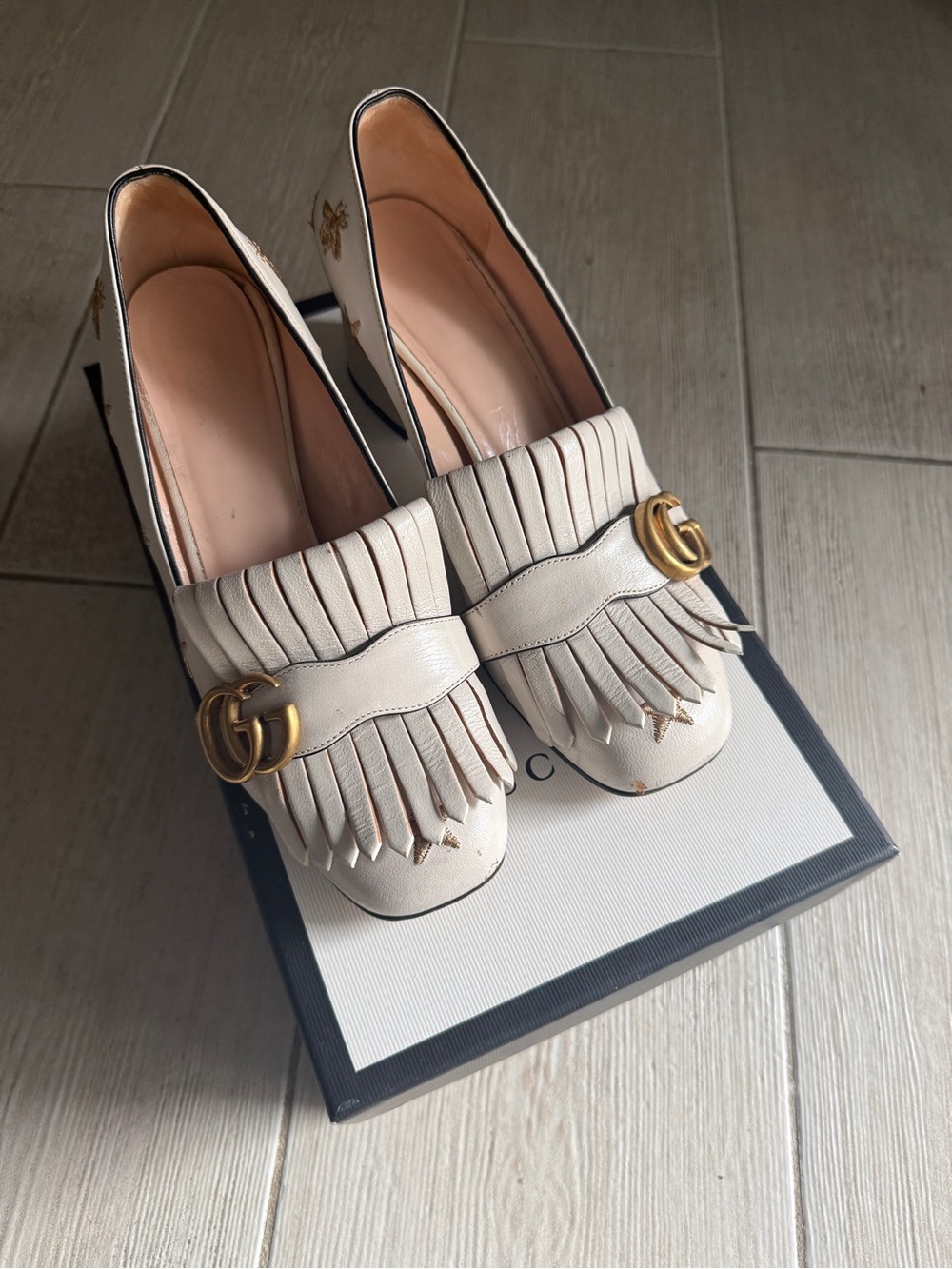 Gucci Cream Leather Fringe Loafers with Gold Double G
